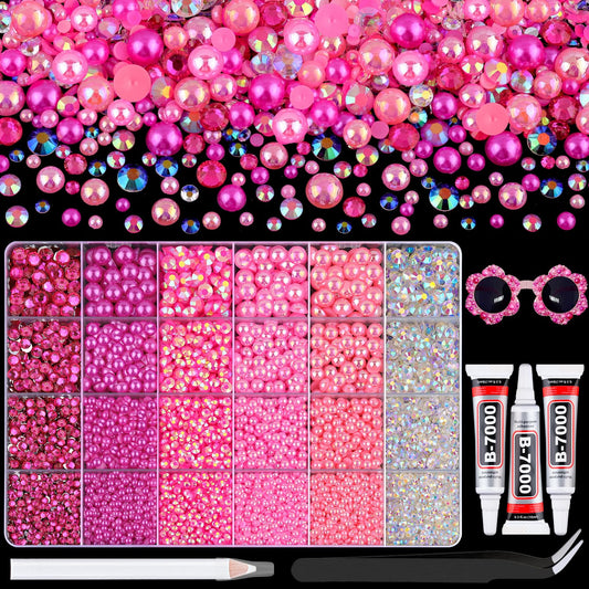 9000Pcs Flatback Pearls and Rhinestones for Crafting, Hot Pink Light Pink Mixed Size 3-8mm Resin