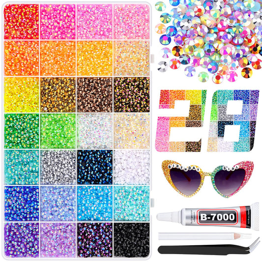 30000Pcs Resin Rhinestones with B7000 Jewelry Glue for Crafting, Multicolors 3mm Non Hotfix Flatback Gems, Bedazzling Crystal for DIY Crafts Clothing Tumblers Mugs Shoes Fabric Decor Nail Art