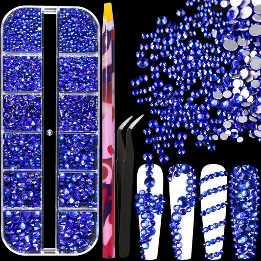 6 Sizes Royal Blue Glass Crystal Kit with Pickup Pen + Tweezer Tools for Shine Nail Art Manicure