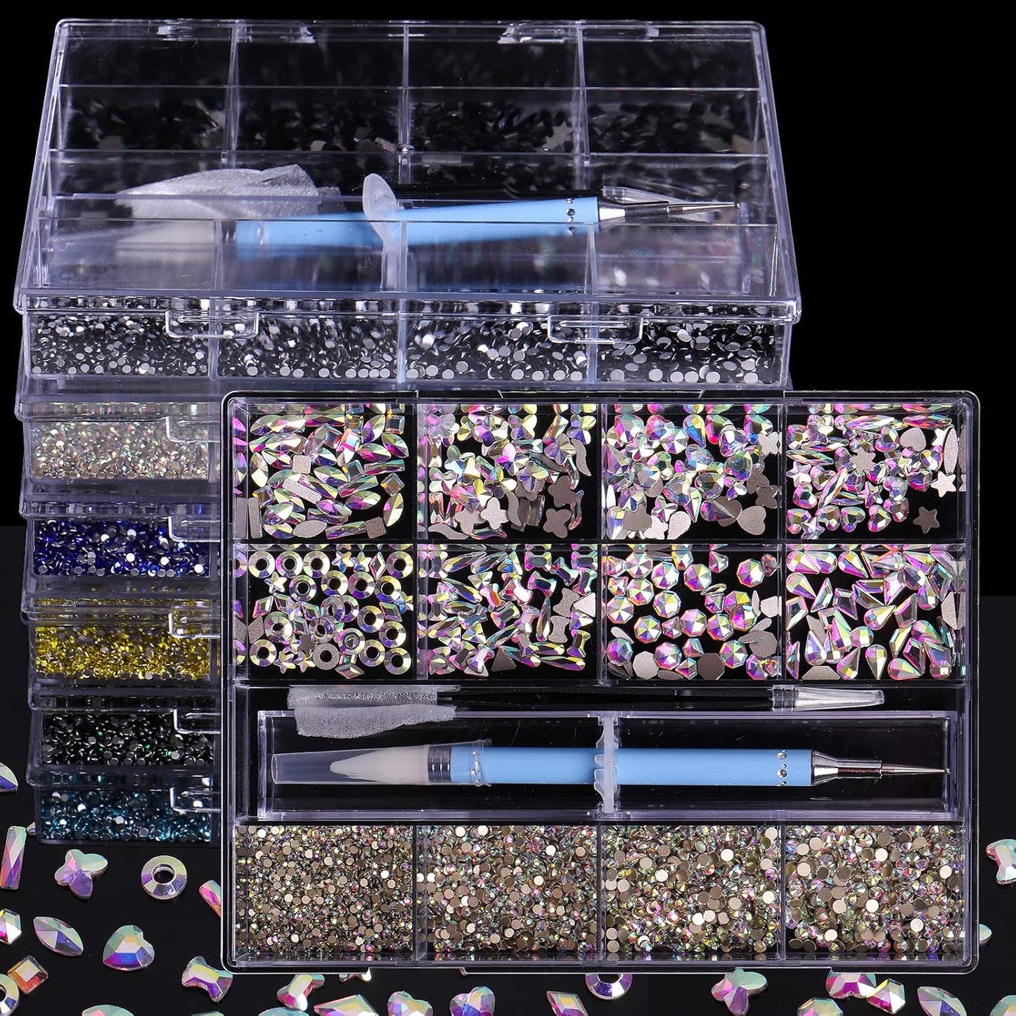 3320Pcs Green Nail Art Rhinestones Crystal,HOINCO 3D Rhinestones Gems Jewels Diamond,24 Types of 320 Diamonds + 3000 Round Beads, Crystals 3D Flat Back Gemstones for Nail DIY Crafts with Tweezers Pen