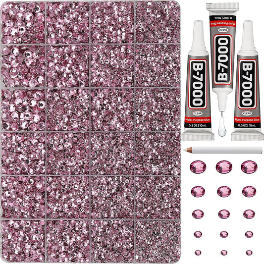 30000Pcs Resin Rhinestones Set for Crafting Bedazzling, Pink Flatback Gems Jewels for Crafts Clothes Shoes Fabric Outfit Nails Makeup, Flat Back Light Pink Crystal 2-6mm with b 7000 Glue