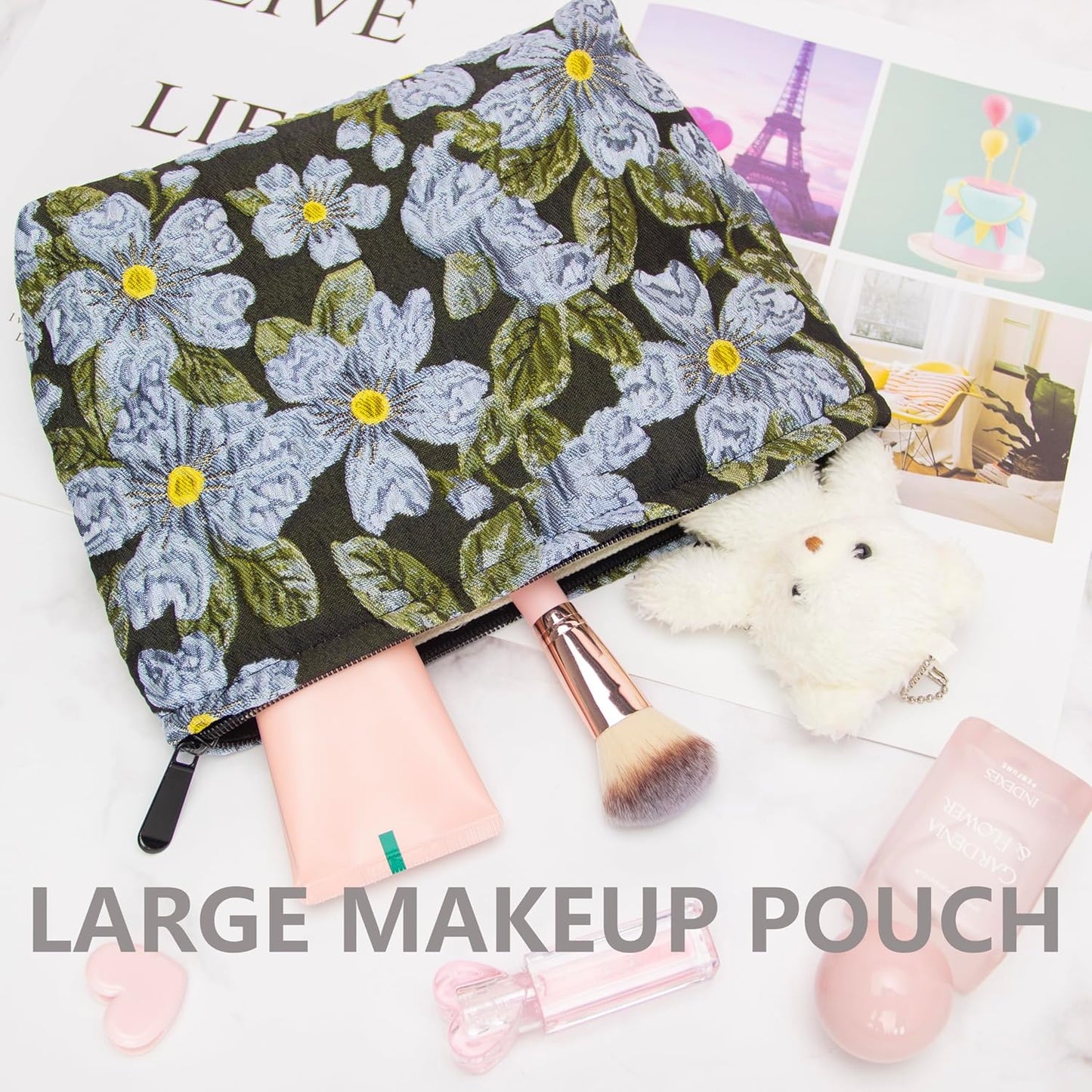 PAZIMIIK Makeup Bag Large Cotton Zipper Pouch for Purse Travel Canvas Make Up Organizer for Women Cosmetic,Brocade Flower Black