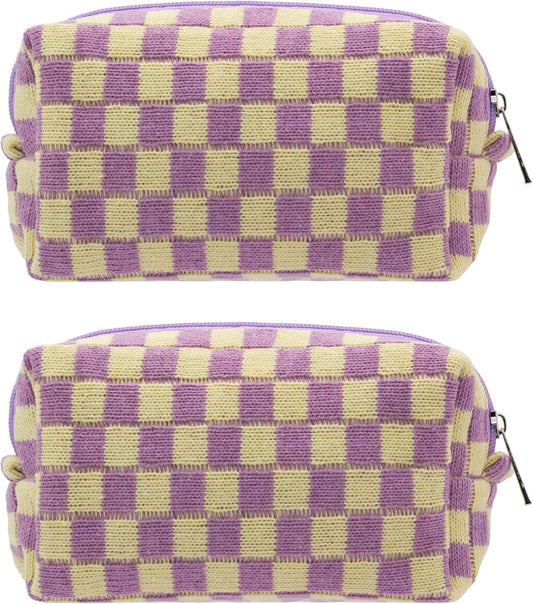 PAZIMIIK Checkered Makeup Bag for Purse Portable Zipper Make Up Pouch Small Cosmetic Case for Travel Accessories (2PCS Purple)