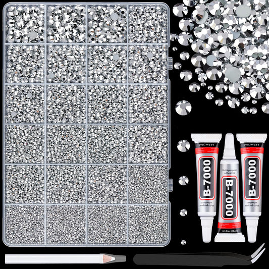 25000Pcs Resin Rhinestones with Tweezers for Crafting, Silver 2-6mm Mixed Sizes Bedazzling Crystal with 3Pcs 10ml B7000 Jewelry Glue for DIY Crafts Clothing Tumblers Shoes Fabric Nail Art