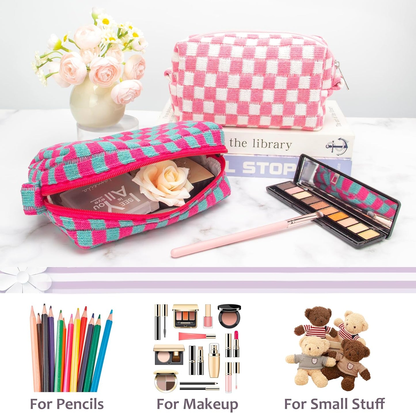 PAZIMIIK Checkered Makeup Bag for Purse Portable Zipper Make Up Pouch Small Cosmetic Case for Travel Accessories Magenta Green