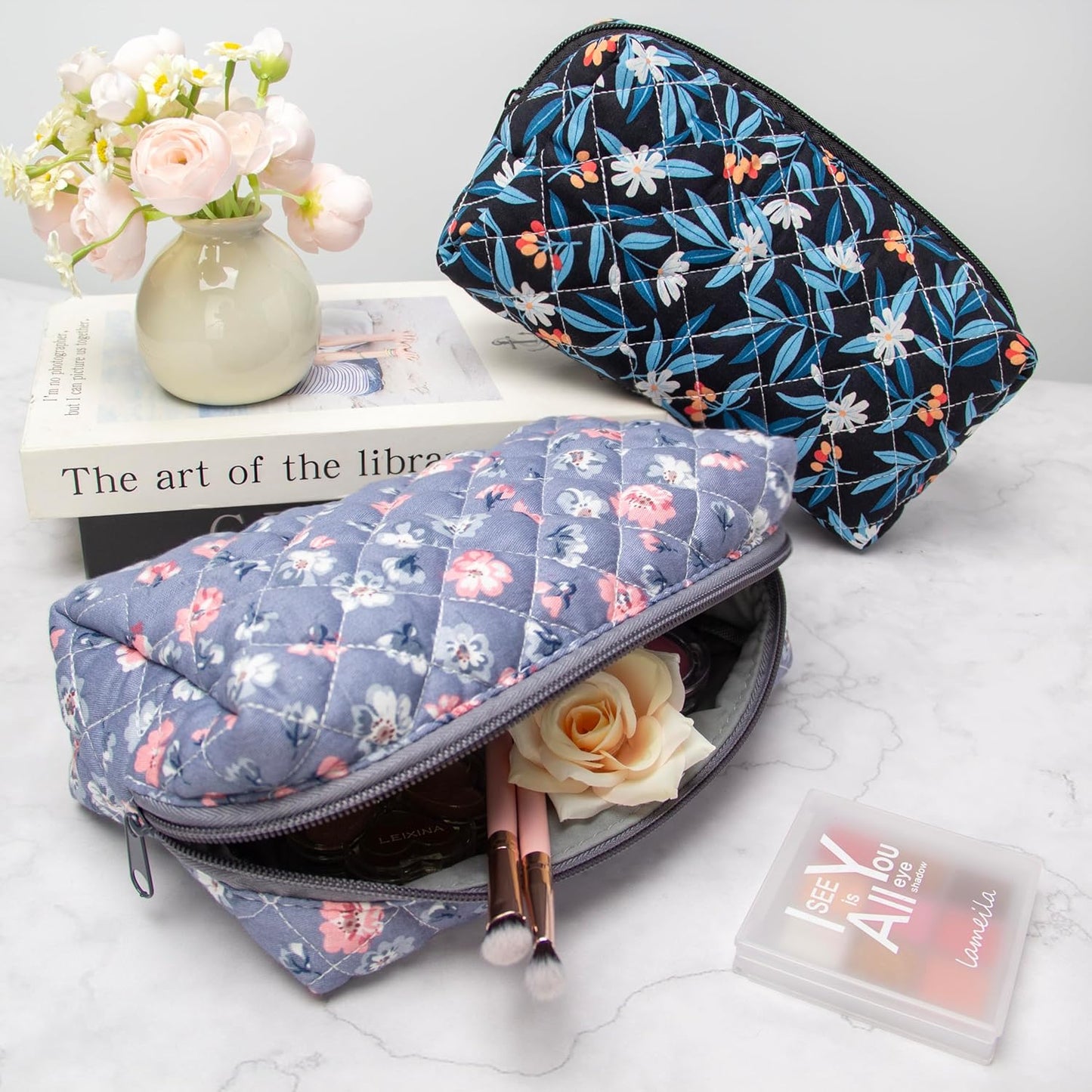 PAZIMIIK Vintage Quilted Makeup Bag Cosmetic Pouch for Brushes Pencils and Travel Make Up Accessories for Women and Girls,Floral Grey