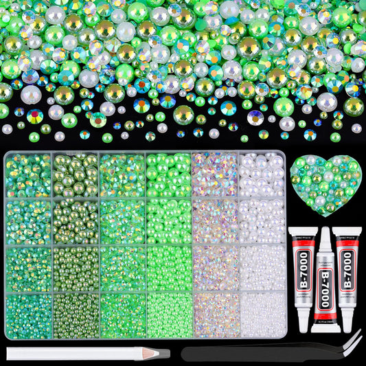 9000Pcs Flatback Pearls and Rhinestones for Crafting, Green White Mixed Size 3-8mm Resin