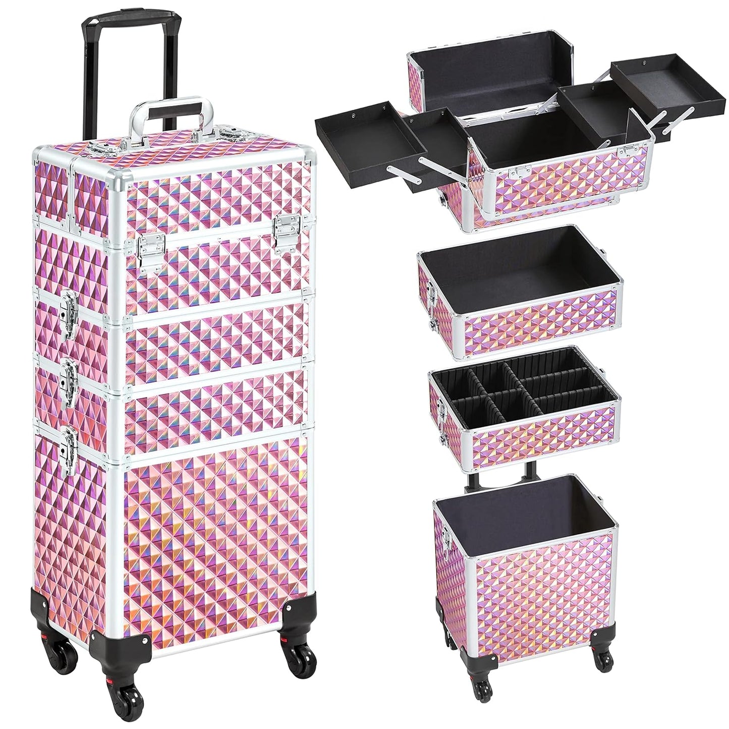 Yaheetech 4 in 1 Professional Makeup Train Case/Rolling Cosmetic Trolley/Makeup Case Organizer/Makeup Travel Case with 4 Detachable Swivel Wheels, Glitter Pink