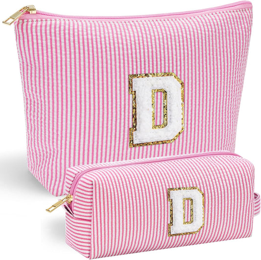 YOOLIFE Personalized Birthday Gifts for Women Teacher, Initial Cute Pink Cosmetic Makeup Bag Pouch Case Travel Toiletry Make Up Bag for Women Friends Female Friendship Girlfriend Wife Gifts Idea D