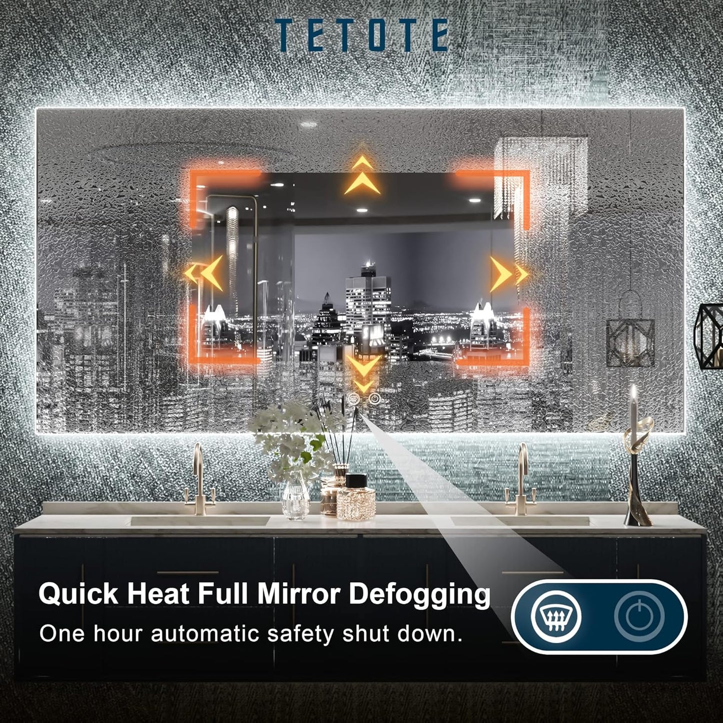 TETOTE 48 x 24 LED Backlit Bathroom Mirror with Light,3Color White/Warm/Natural,Anti-Fog Lighted Mirror,Dimmable,Vanity Mirror,Wall Mounted