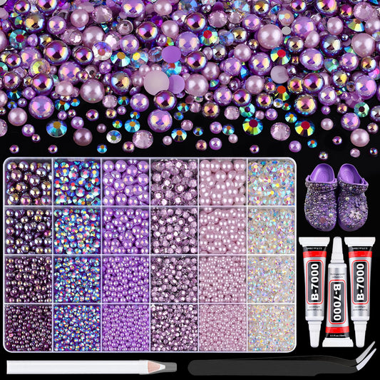 9000Pcs Flatback Pearls and Rhinestones for Crafting, Purple Series Mixed Size 3-8mm Resin