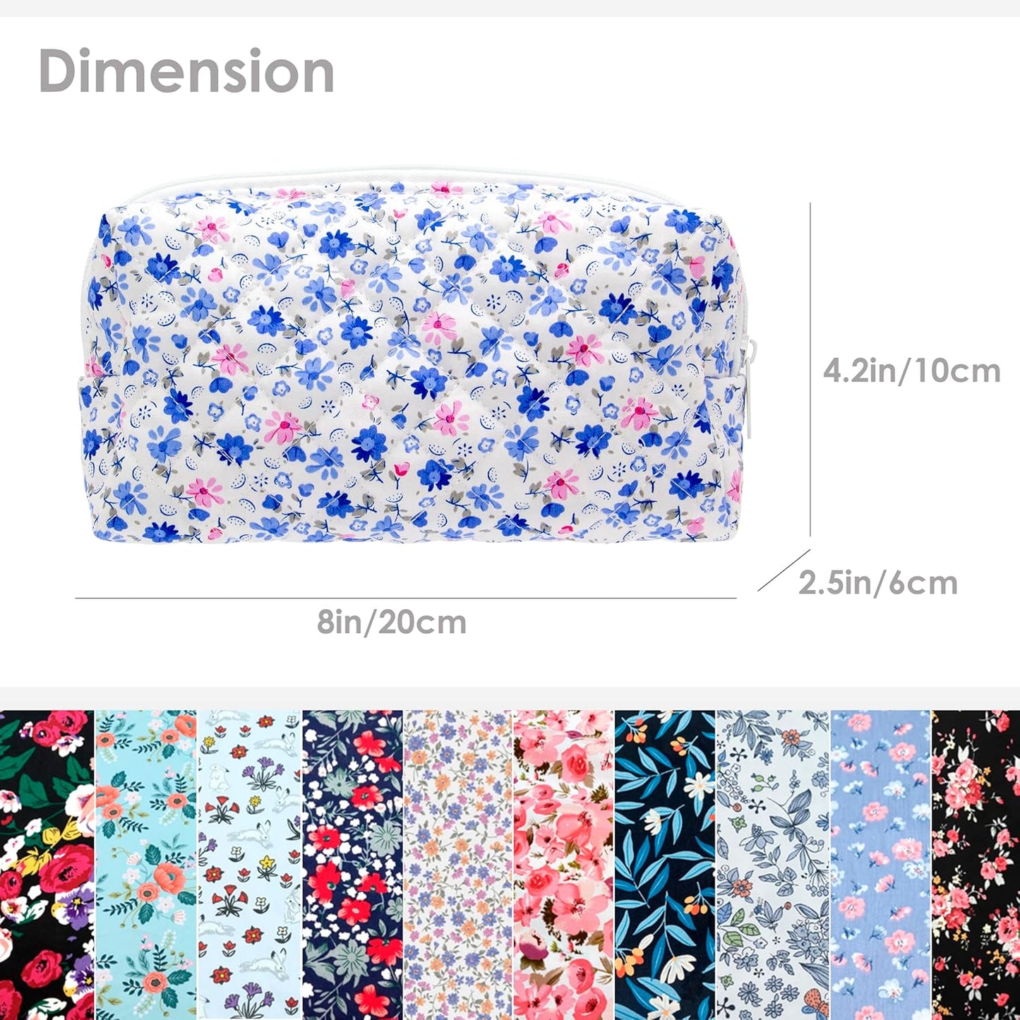 PAZIMIIK Vintage Quilted Makeup Bag Cosmetic Pouch for Brushes Pencils and Travel Make Up Accessories for Women and Girls Flower Blue