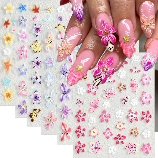 6Sheets Colorful Flower Nail Art Stickers 5D Micro Embossed Hawaiian Flowers Nail Decals Lily