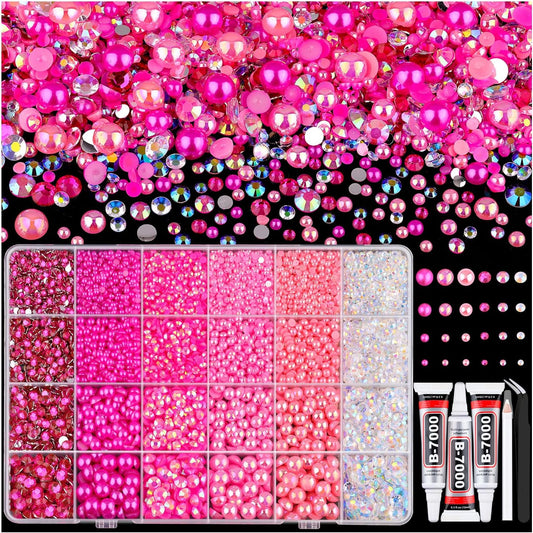 9000PCS Flatback Pearls and Rhinestones for Crafting, Dark Pink 3-10mm Resin Rhinestones and Half