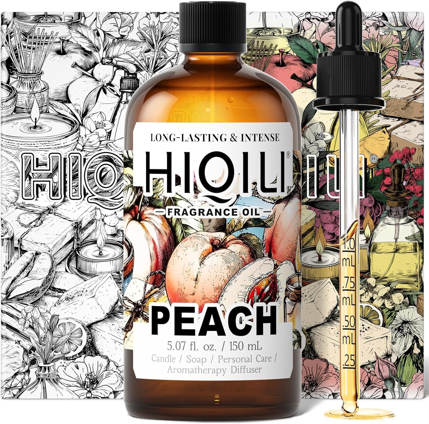 HIQILI Peach Fragrance Oil for Home Diffuser, DIY Candle, Linen & Room Freshener Spray Making, Juicy Fruit Scents - 5.07 Fl Oz
