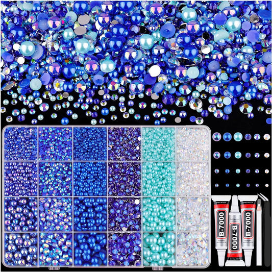 9000PCS Flatback Pearls and Rhinestones for Crafting, Dark Blue 3-10mm Resin Rhinestones and Half