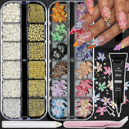Flower Nail Art Charms with Rhinestones Glue Gel Cream Flatback Pearls Luxurious Nail Gems Supplies
