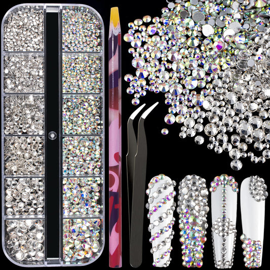 6 Sizes Transparent and AB Glass Crystal Kit with Pickup Pen + Tweezer Tools for Iridescent Shine