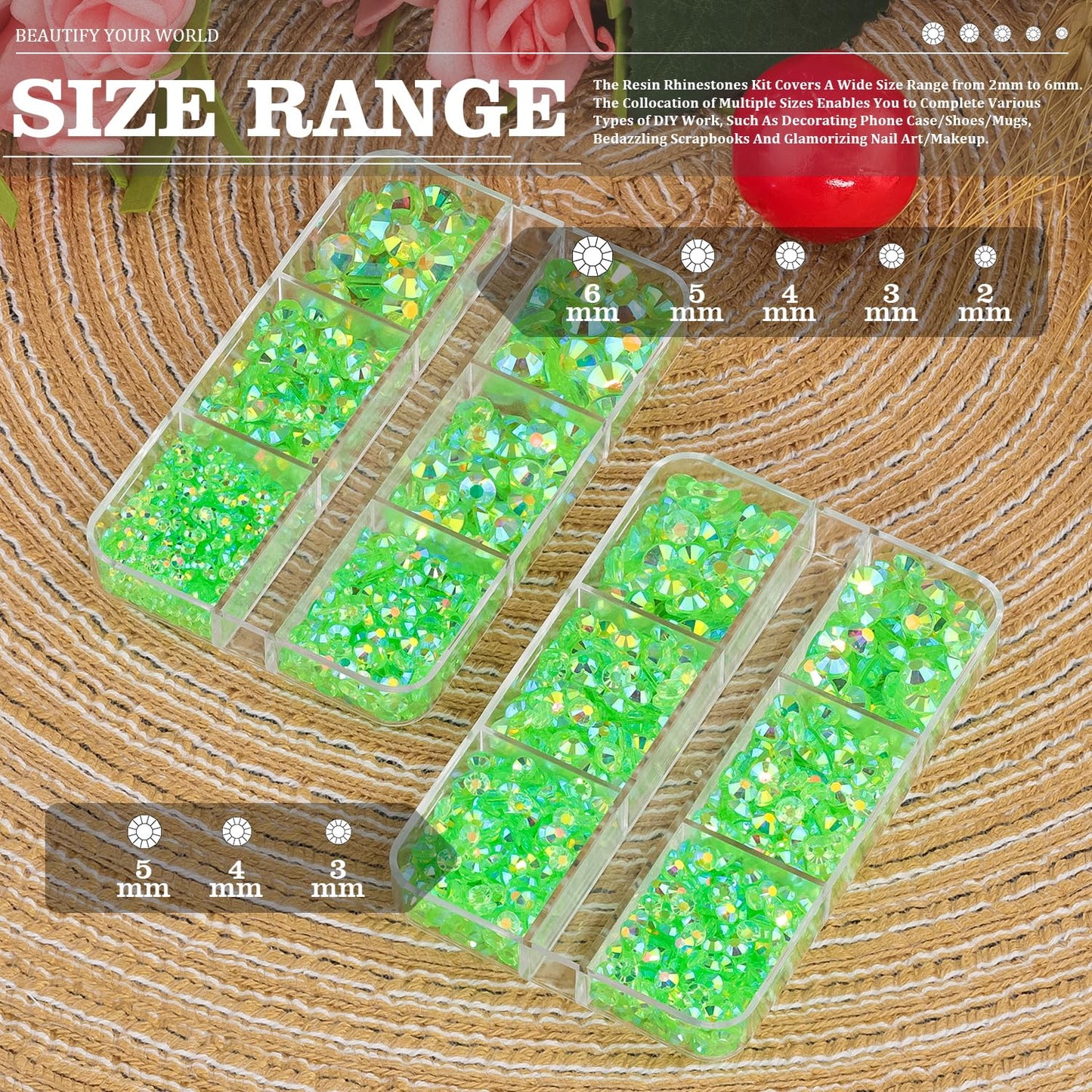Resin Rhinestones Crafting, 2/3/4/5/6mm Flatback Jelly Rhinestones, 2 Boxes Transparent Grass Green AB Non Hotfix Crystal Gems for Bedazzling Crafts Mugs Tumblers Clothes Makeup Nail