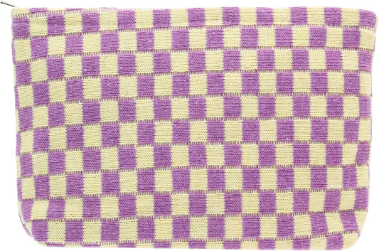 PAZIMIIK Knitted Checkered Makeup Bag Large Zipper Make Up Accessory Pouch for Purse Cosmetic Brush Bag for Travel Essential,Purple