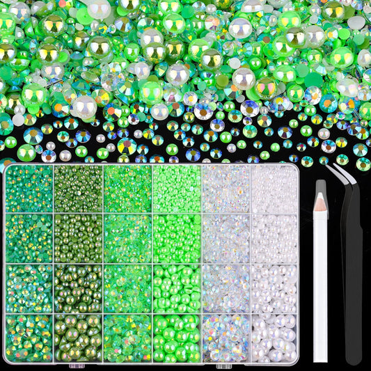 9000PCS Flatback Pearls and Rhinestones for Crafting, Green Mixed Size 3-10mm Resin Rhinestones and