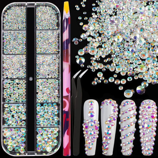 6 Sizes Transparent AB Glass Crystal Kit with Pickup Pen + Tweezer Tools for Iridescent Shine Nail