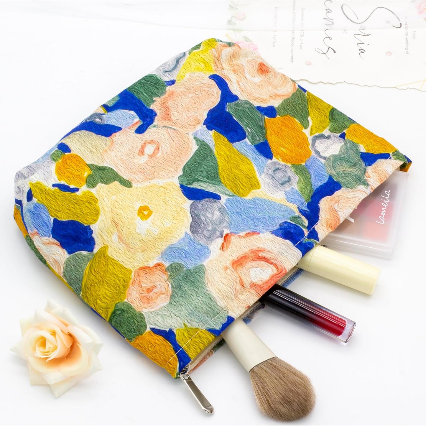 PAZIMIIK Floral Makeup Bag Large Cotton Zipper Pouch for Purse Travel Canvas Make Up Organizer for Women Cosmetic,Garden Blue