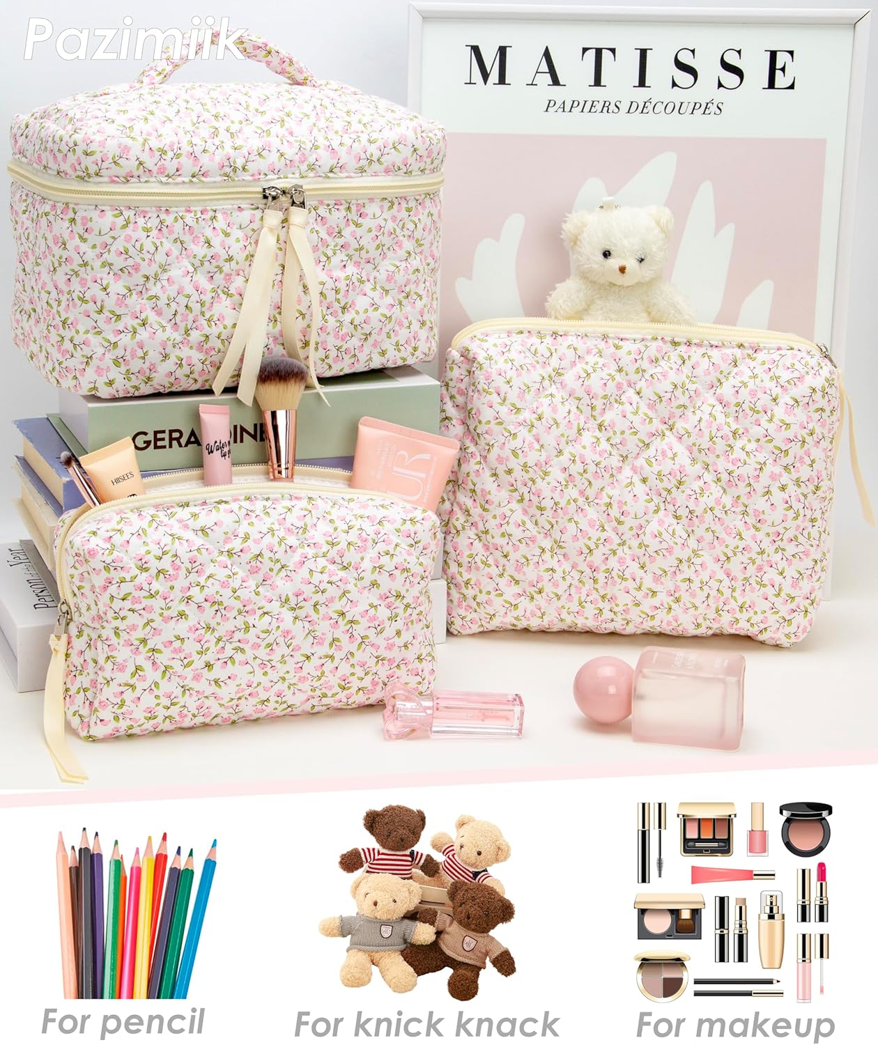 3PCS Makeup Bag SET Large Travel Quilted Zipper Soft Cosmetic Case Pouch for Women Girls Make Up,Floral Pink