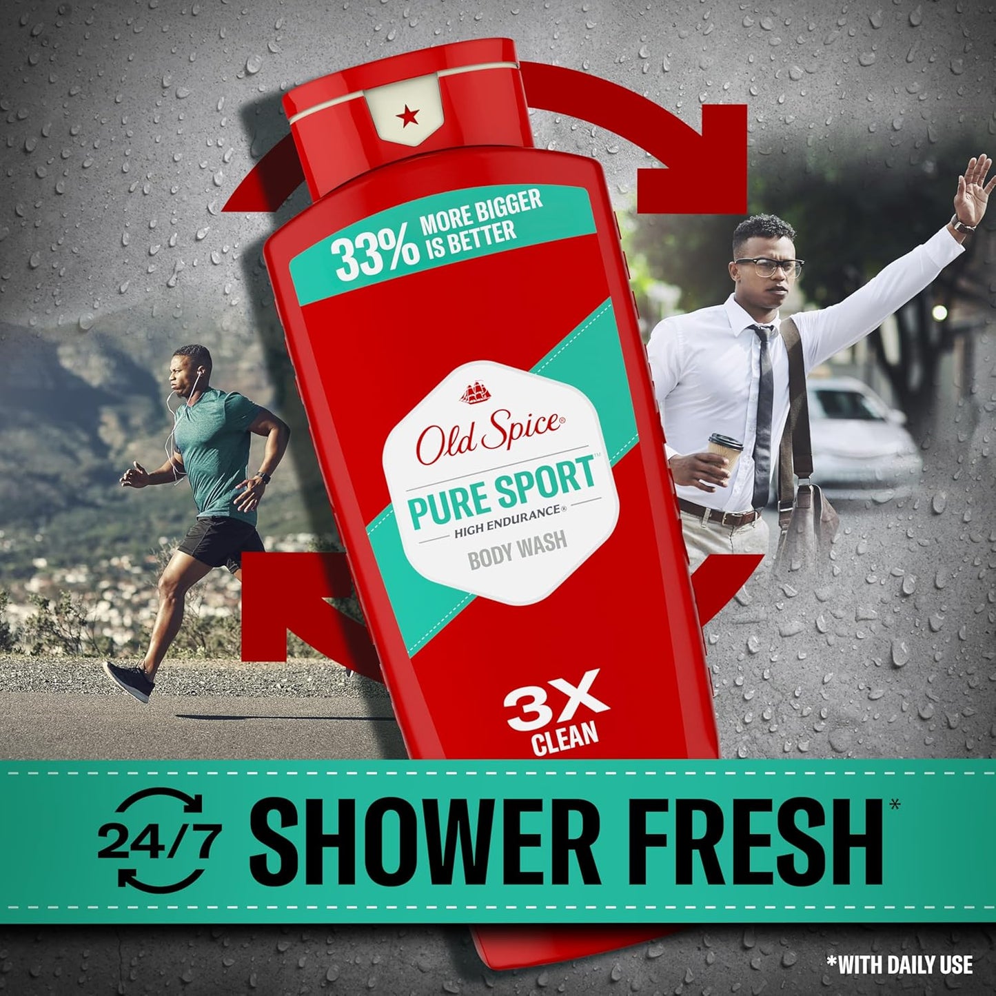 Old Spice Refreshing Body Wash for Men, High Endurance, 3X Defense, 24/7 Shower Fresh with Long Lasting Scent, Pure Sport Scent, 24 oz (Pack of 4)