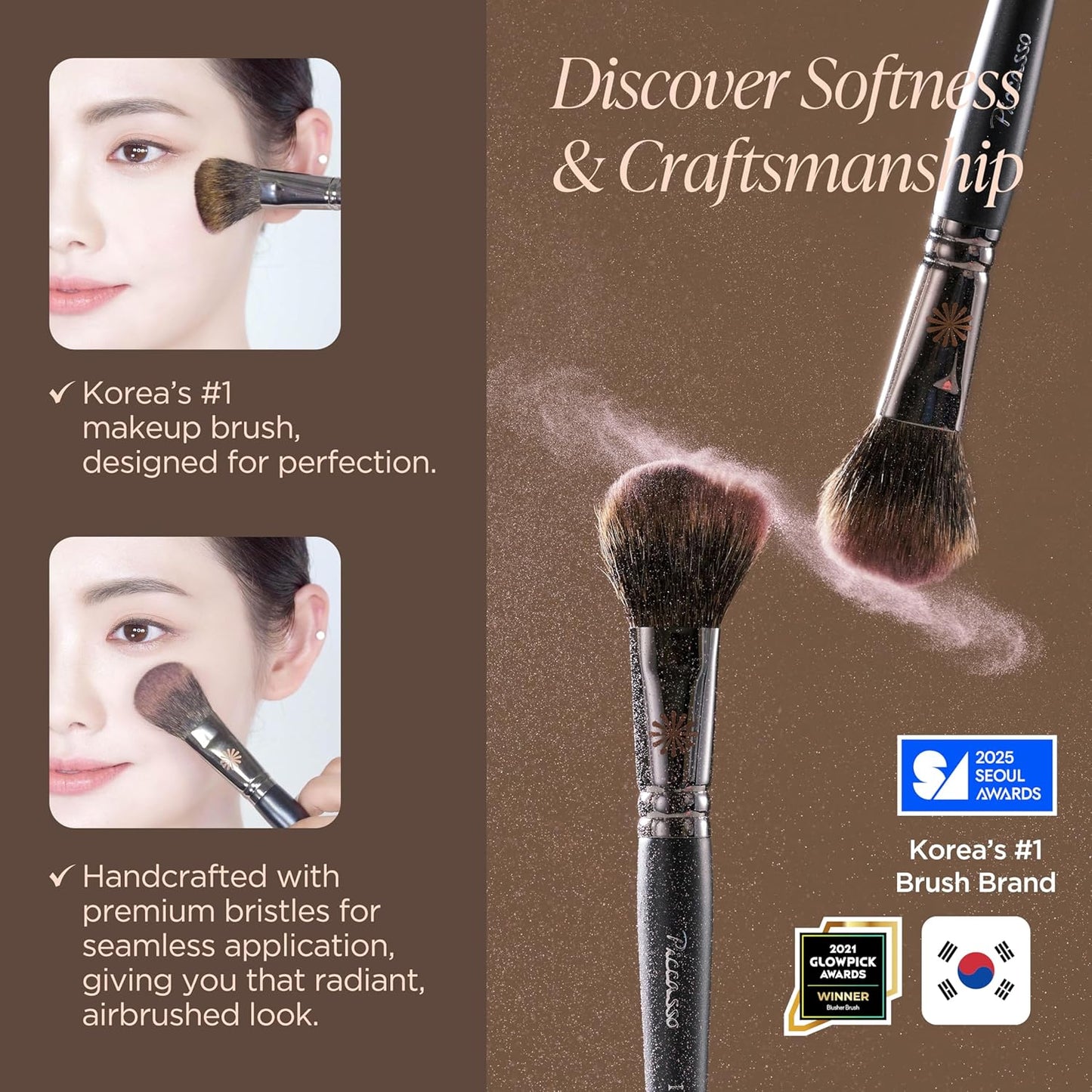 Piccasso 108 Blusher Brush – Soft Gray Squirrel Hair for Smooth and Natural Cheek Makeup, Fluffy Powder Applicator with Excellent Color Payoff, Small Face Brush for Daily Use, Professional Beauty