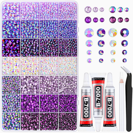 20000Pcs Purple Rhinestones for Bedazzling with 3Pcs B7000 Jewelry Glue, Resin Rhinestones for Crafting Crafts，Bedazzler Kit Flatback Gems for Clothing Shoes Tumblers Nail Art
