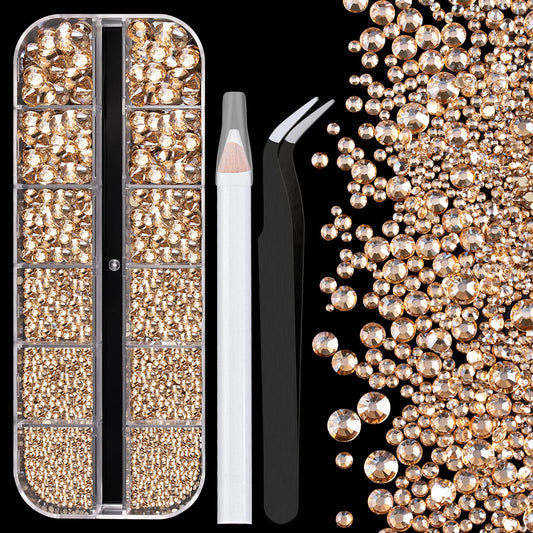 One Pack 2000 Pcs of Flatback Round Champagne Rhinestones 6 Sizes (1.5-6 mm) with Nail Art