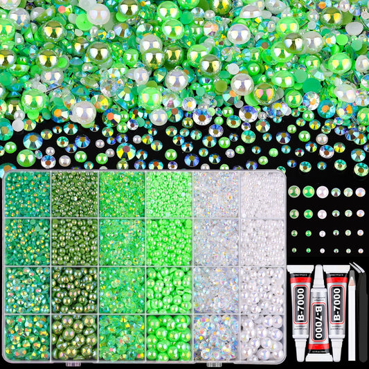 9000PCS Flatback Pearls and Rhinestones for Crafting, Green 3-10mm Resin Rhinestones and Half