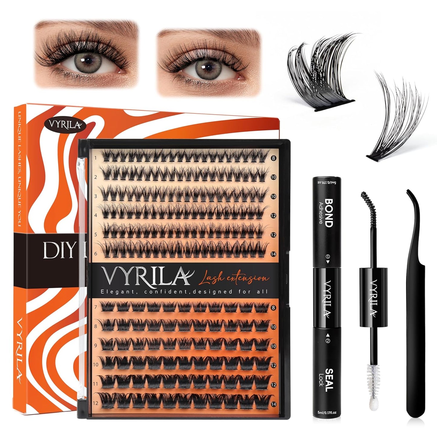Lash Clusters Kit-VYRILA 0.07mm Wispy 8-14mix C Curl Eyelash Clusters with Lash Bond and Seal Waterproof, Eyelash Tweezers (30P+S03 KIT 186pcs-8-14mix)