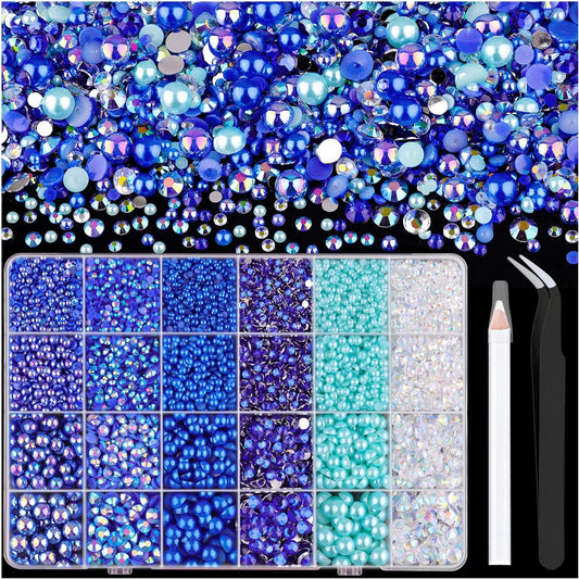 9000PCS Flatback Pearls and Rhinestones for Crafting, Dark Blue Mixed Size 3-10mm Resin Rhinestones