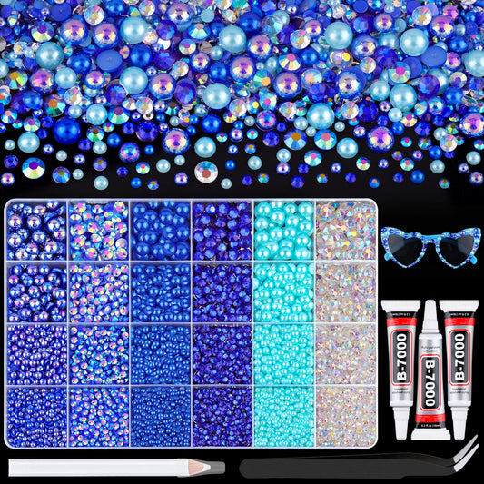 9000Pcs Flatback Pearls and Rhinestones for Bedazzling, Blue Series Mixed Size 3-8mm Resin