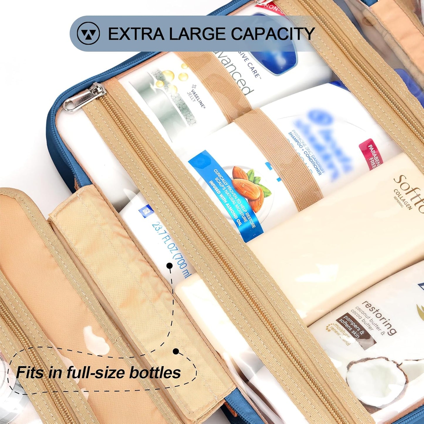 Travel Hanging Toiletry Bag for Women, Large Makeup Bag 8 Leak Proofing Silicone Bottle Covers, Waterproof Cosmetic Bag with Jewelry Organizer Compartment, Toiletries Kit Set, Navy Blue