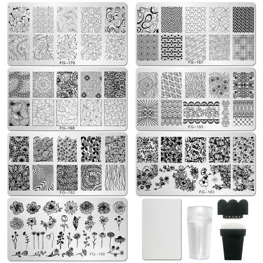AddFavor Nail Stamper Kit 7pcs Nail Stamping Plates Geometric Mandala Flower Nail Stencils with 2