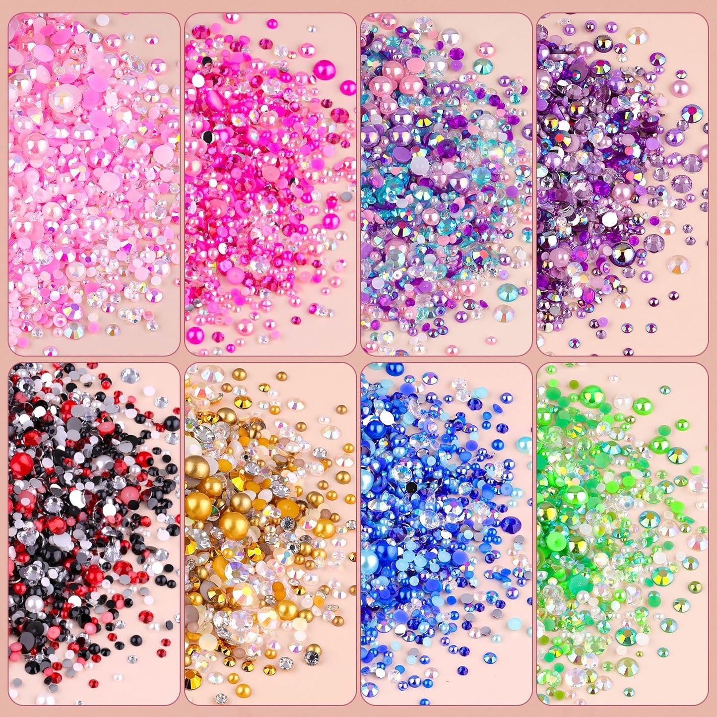 9000PCS Flatback Pearls and Rhinestones for Crafting, Red White Black Mixed Size 3-10mm Resin Rhinestones and Half Pearls for Bedazzling, Nail Art and Decoration with Tweezer and Pickup Pencil