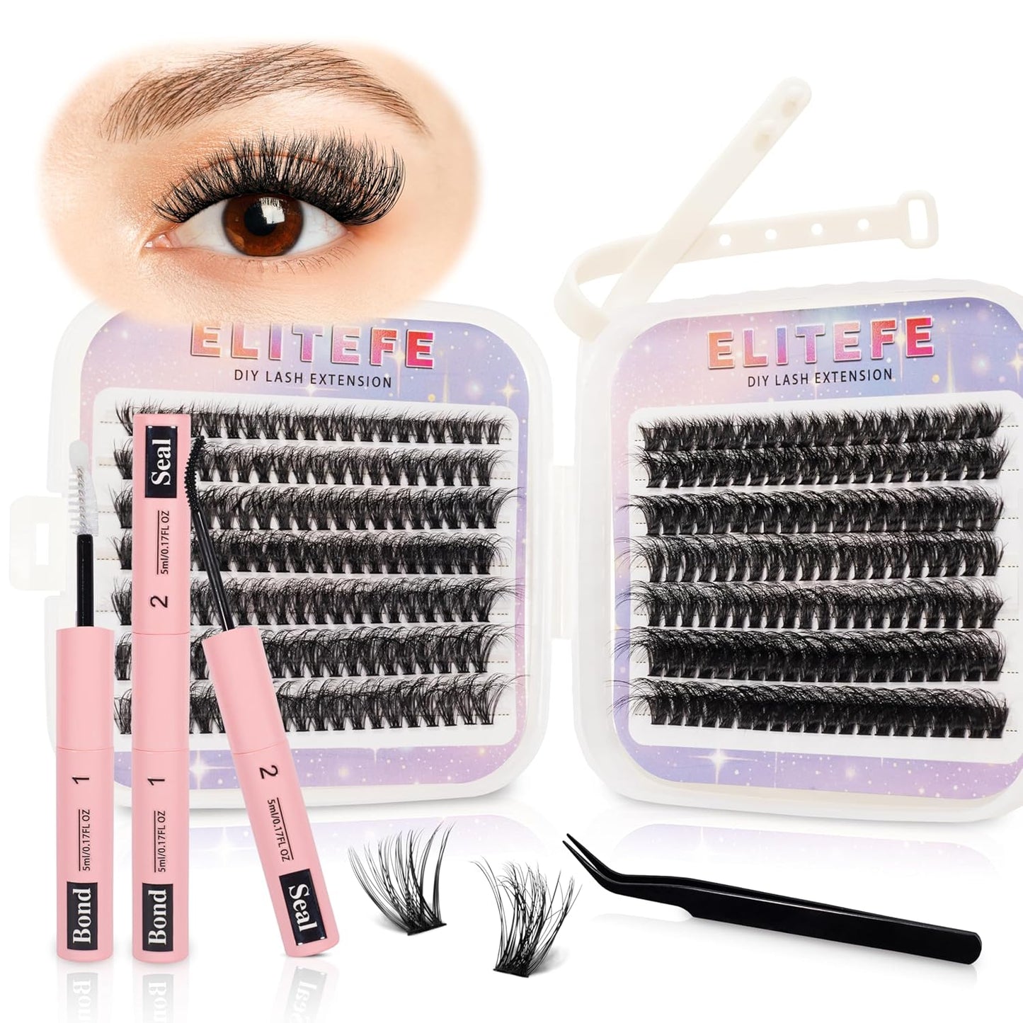 Lash Extension Kit DIY Lash Clusters Kit Eyelash Extensions Individual Lashes Extensions with (Bond,Seal,Tweezers,280Pcs,50D+60D, 0.07D,10-18mm)