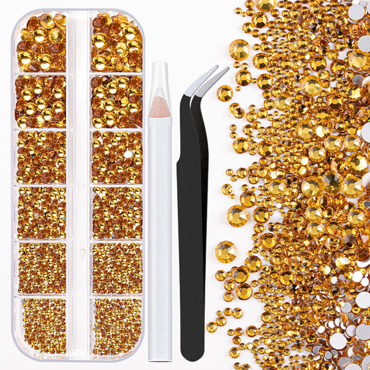 One Pack 2000 Pcs of Flatback Round Golden Yellow Rhinestones 6 Sizes (1.5-6 mm) with Nail Art