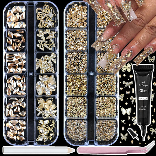Nail Art Charms Rhinestones with Glue Gel Champagne Nail Rhinestones Supplies Accessories Gold