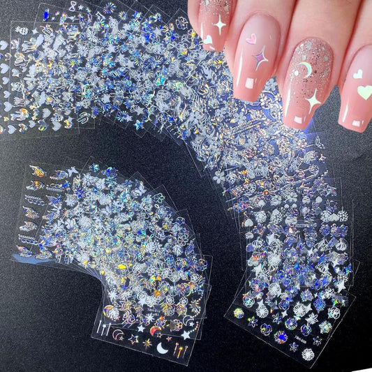 30 Sheets Aurora Flower Nail Art Stickers 3D Self Adhesive Flower Nail Stickers Aurora Moon Star