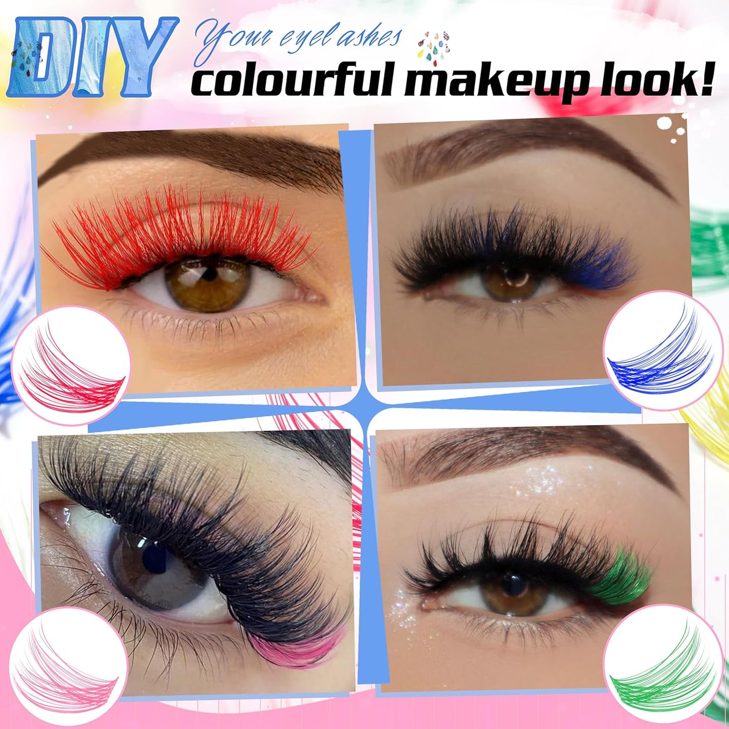 Wispy Colored Lash Clusters with Bottom Lashes Individual Lashes D Curl 8-16mm Mixed 7 Colors Rainbow DIY Eyelash Extension Colorful Cluster Lashes Pack by Yaiseiko