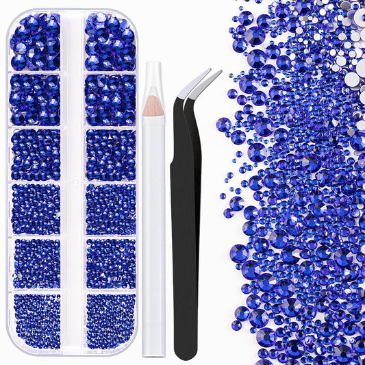 One Pack 2000 Pcs of Flatback Round Royal Blue Rhinestones 6 Sizes (1.5-6 mm) with Nail Art