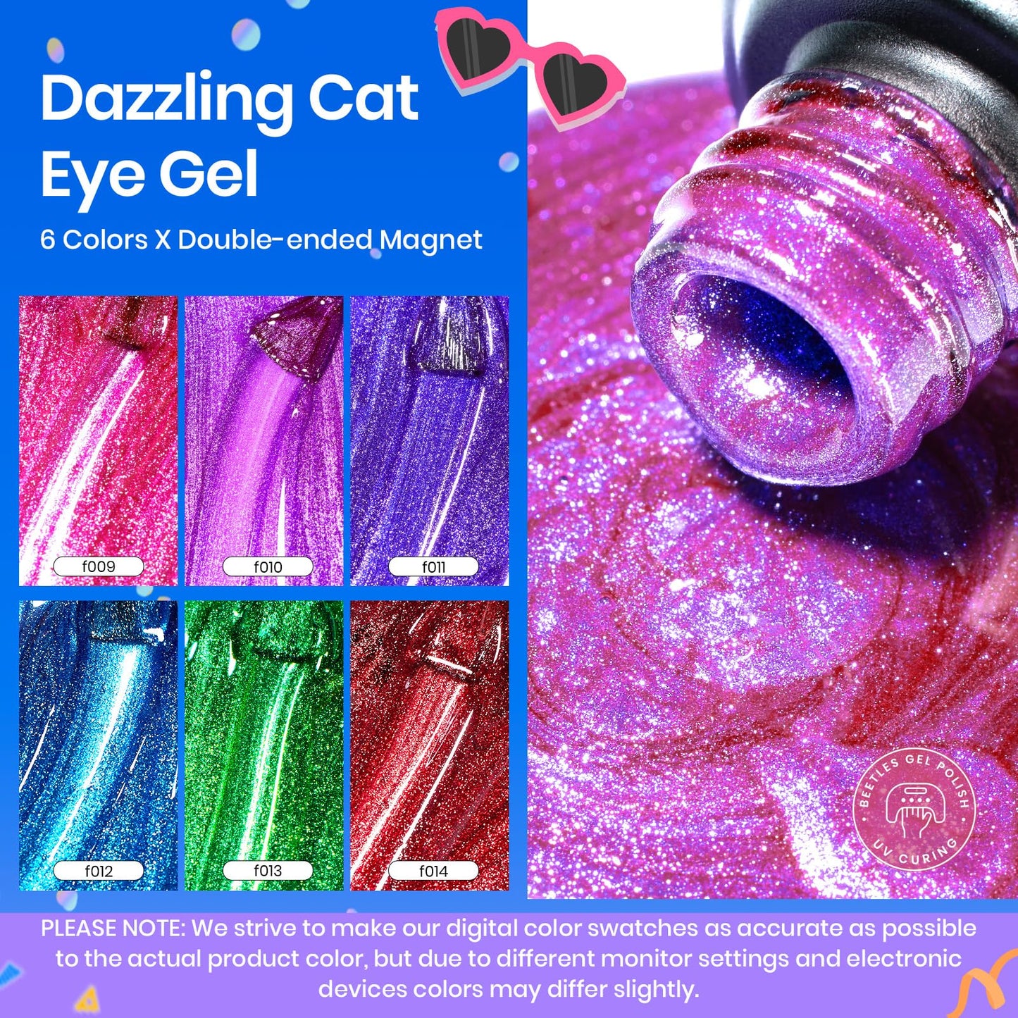 Beetles Cat Eye Gel Nail Polish Set, 6 Colors Cat Eye Glitter Gel Polish