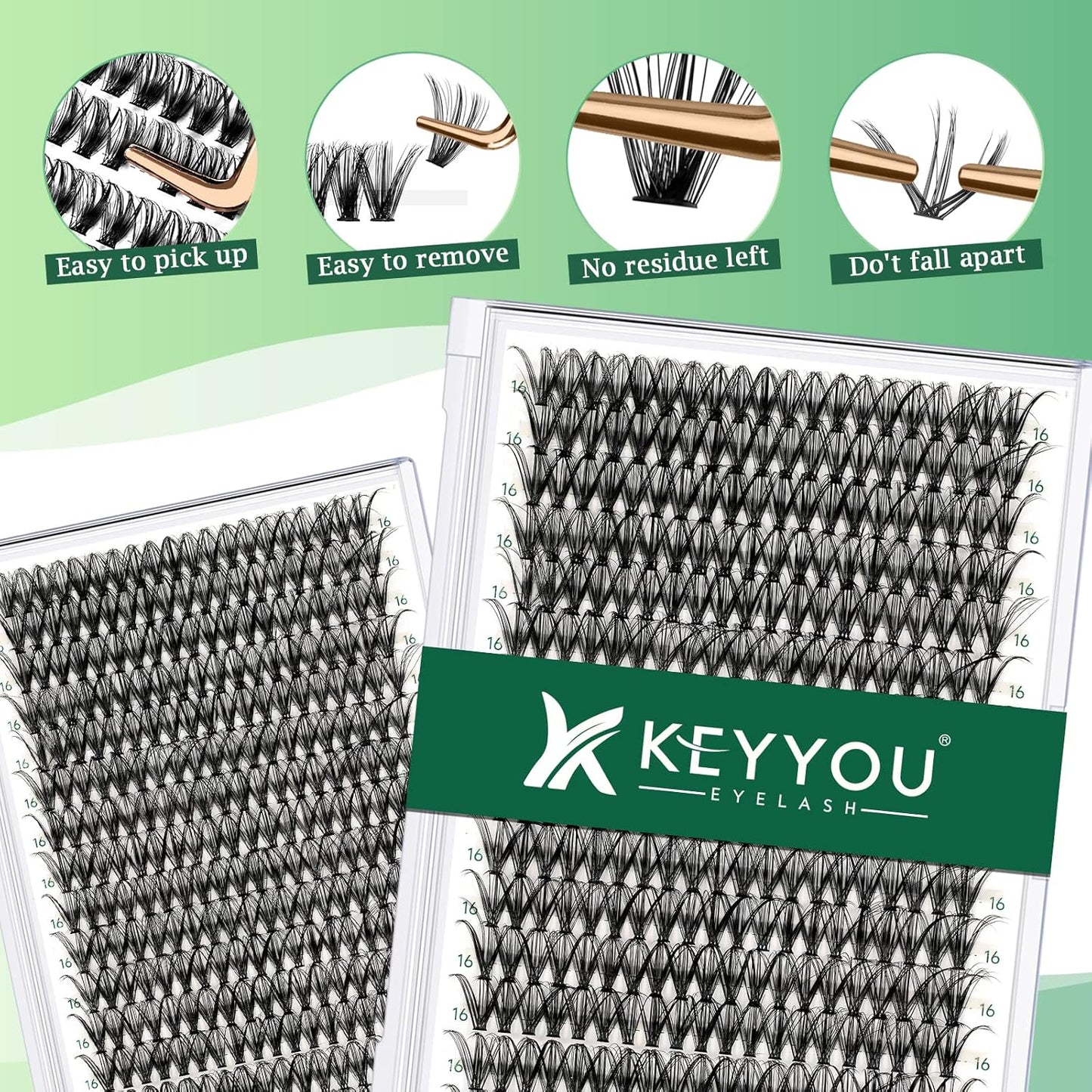 Lash Clusters 300pcs Individual Lashes 30D 0.07D Curl 16mm DIY Eyelash Extension KEYYOU Large Tray Volume Soft&Natural Cluster Lashes(30D-0.07D,16）