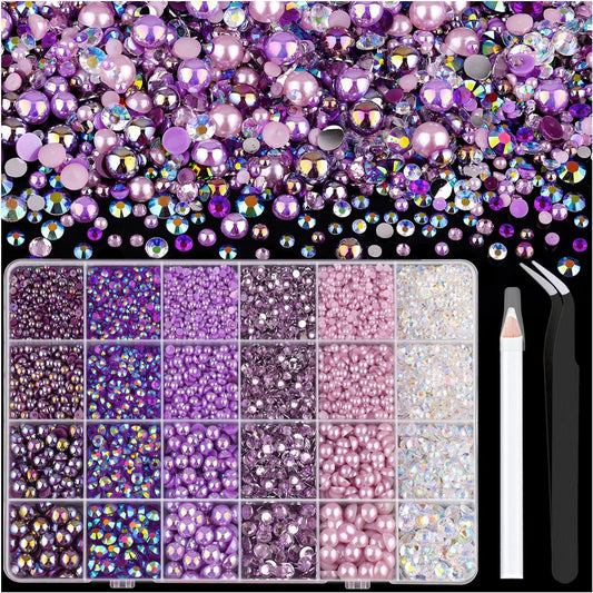 9000PCS Flatback Pearls and Rhinestones for Crafting, Purple Mixed Size 3-10mm Resin Rhinestones
