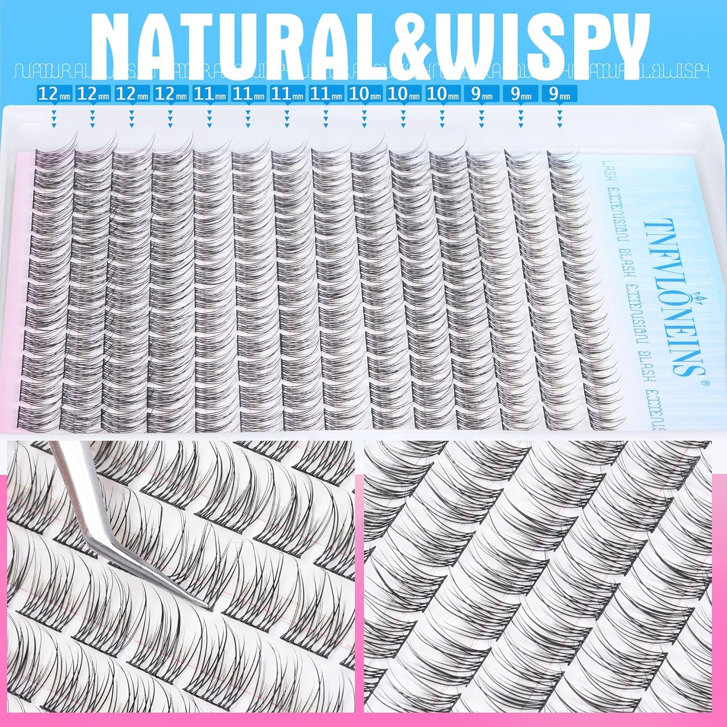 Natural Lash Extension Kit Wispy Lash Clusters Kit 168Pcs Eyelash Extension Kit 9-12MM Eyelash Clusters Lashes Individual Kit with Remover for Lash Extension, Bond and Seal and Tweezers by TNFVLONEINS