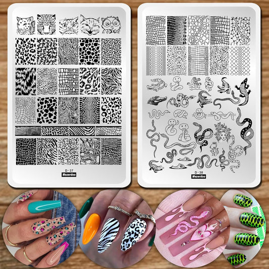 Leopard Snake Nail Stamping Plate Stencils for Nail Art Reusable 2Pcs Large Size Nail Stamper